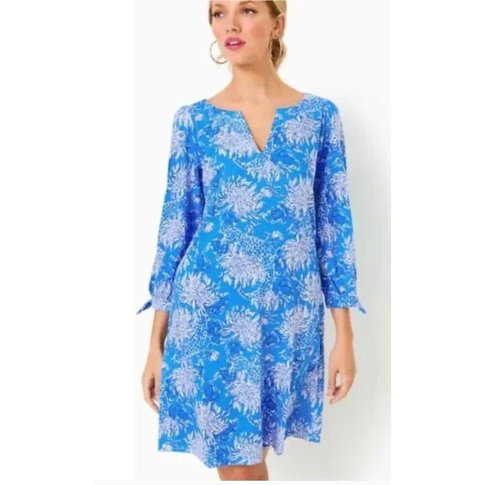 XXL Lilly Pulitzer Cath Dress Blue White Print Quarter Sleeve 100% Cotton